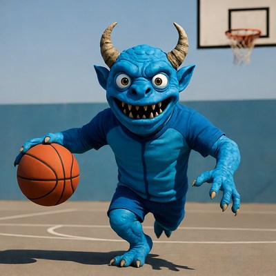 Blue horned goblin dribbling basketball