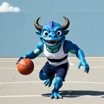 Blue dragon mascot dribbling basketball