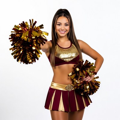 Smiling cheerleader with gold pom poms