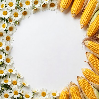 Corn and Daisies on White Background