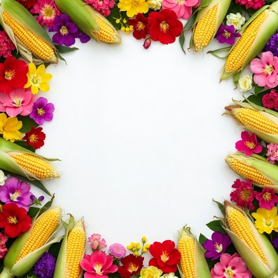 Corn and Flowers on White Background