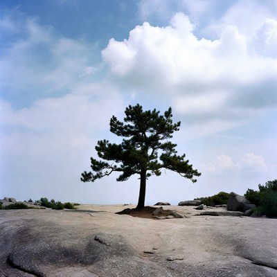 Lone pine tree on rocky mountain