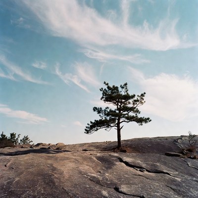 Lone pine tree on rocky hill