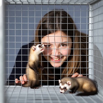 Girl smiling with ferrets in cage