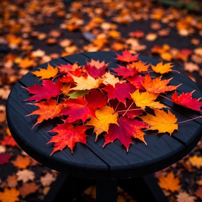 Autumn leaves on black stool