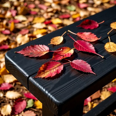 Autumn Leaves on Black Bench