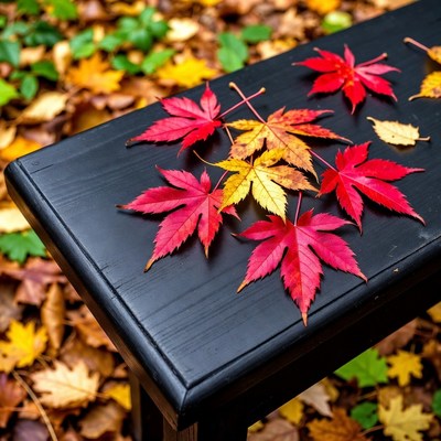 Colorful autumn leaves on black bench