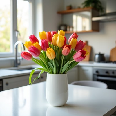 Colorful Tulips in White Vase