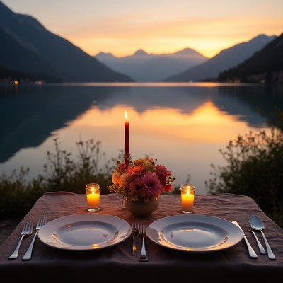 Romantic candlelit dinner by mountain lake sunset