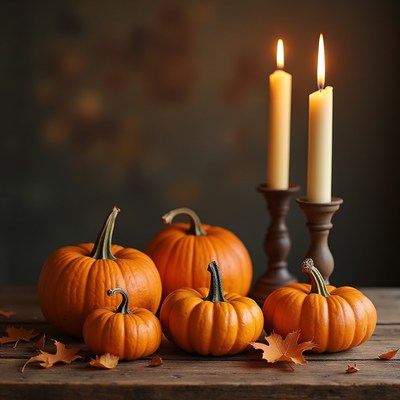 Pumpkins and Candles on Wooden Table