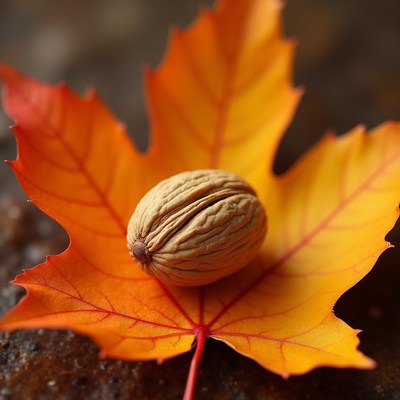Walnut on orange autumn leaf