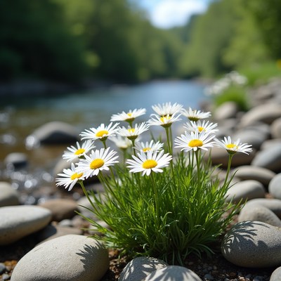 Daisies on riverbank stones