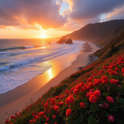 Sunset Beach with Red Flowers