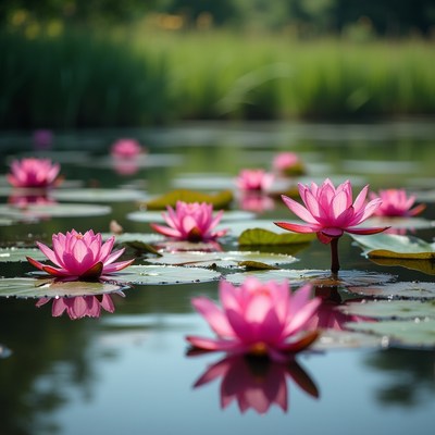 Pink lotus flowers on pond water