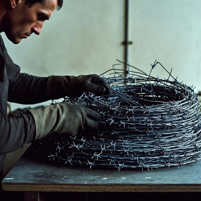 Man handling barbed wire coil
