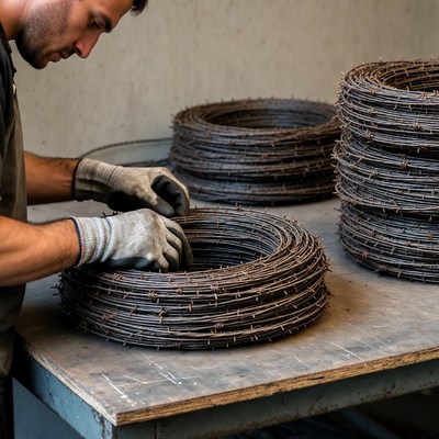Man handling barbed wire coils