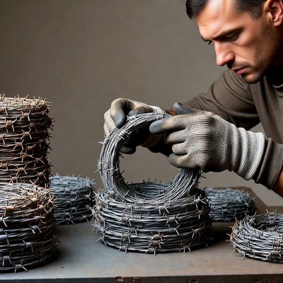 Man working with barbed wire coils