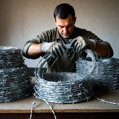 Man working with barbed wire