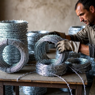 Man handling barbed wire coils