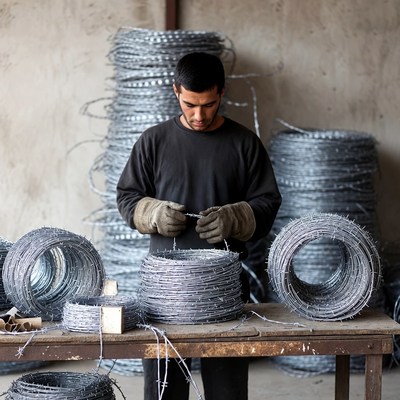 Man working with barbed wire