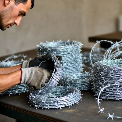 Man handling barbed wire coils