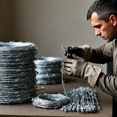 Man working with barbed wire