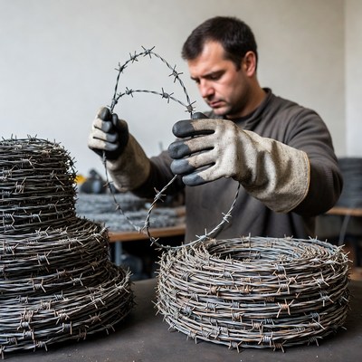 Man handling barbed wire