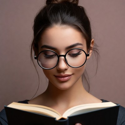 Woman reading book in glasses