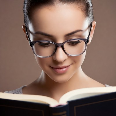 Woman reading book with glasses