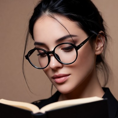 Woman reading book with glasses