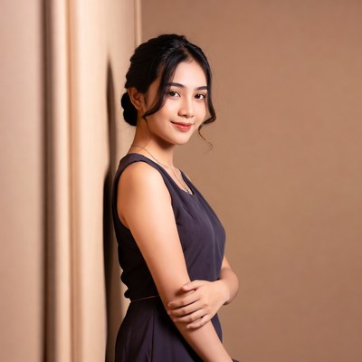 Asian woman in black dress smiling