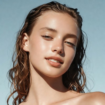 Wet-haired woman smiling outdoors