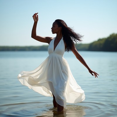 African-American woman dancing in white dress lake