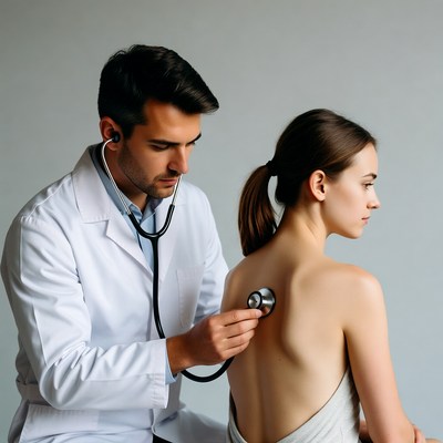 Doctor listening to woman's back