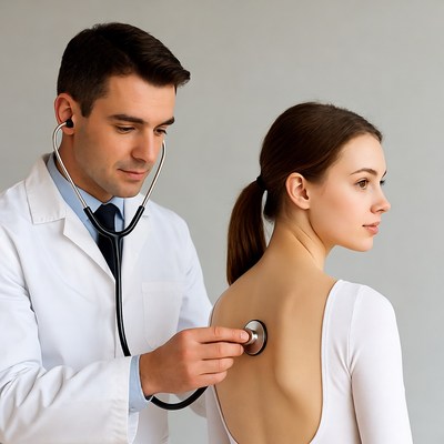 Doctor listening to woman's back with stethoscope