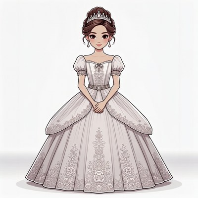 Anime girl in elegant silver ball gown
