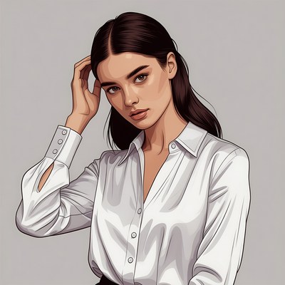 Woman touching hair in white shirt