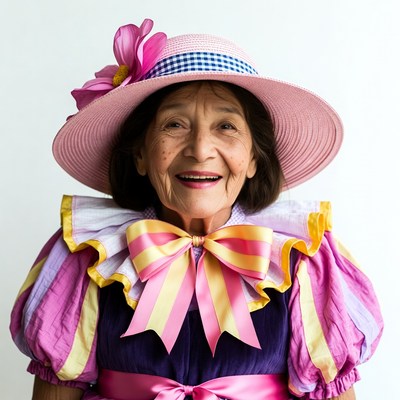 Elderly woman in pink hat and dress