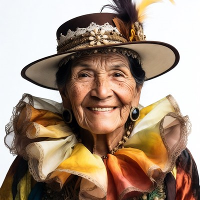 Elderly Indigenous woman in feathered hat