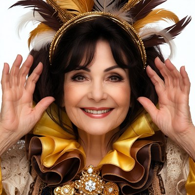 Woman in feathered headdress smiling