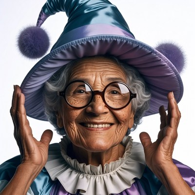 Elderly woman in purple witch hat
