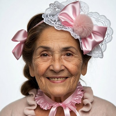 Elderly woman wearing pink lace headband
