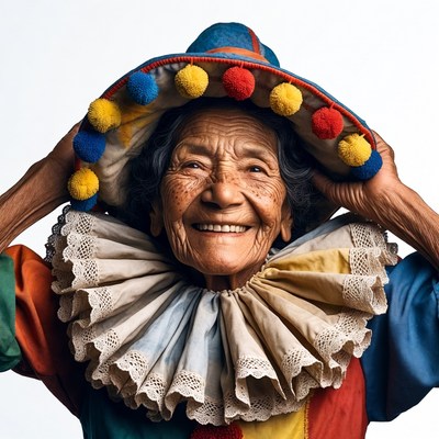 Elderly woman in colorful clown costume