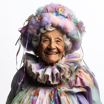 Elderly woman in colorful flower hat