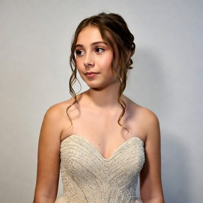 Teen girl in beaded strapless gown