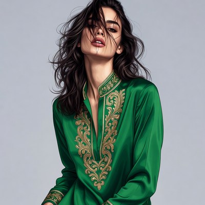 Woman in green embroidered silk dress