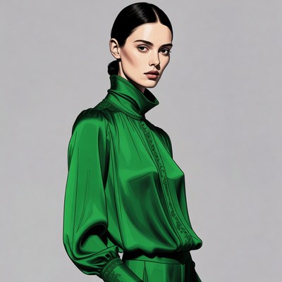 Woman in green satin blouse