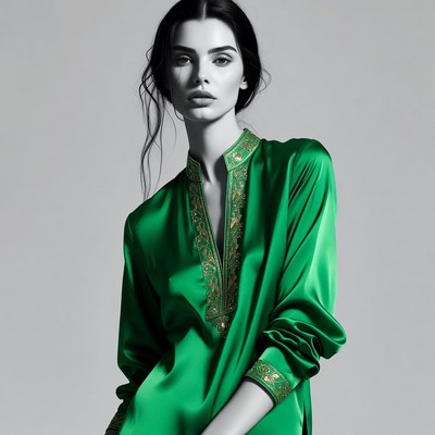 Woman in green embroidered silk blouse