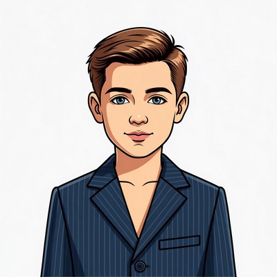 Cartoon boy in navy pinstripe suit