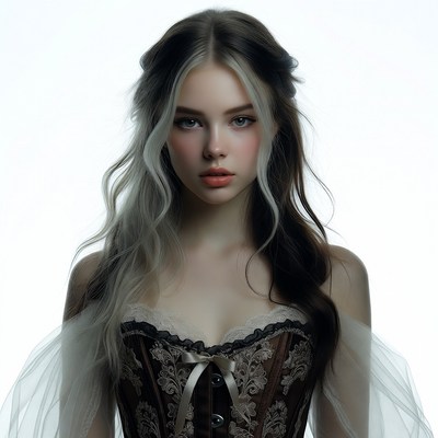 Woman in lace corset with white-streaked hair